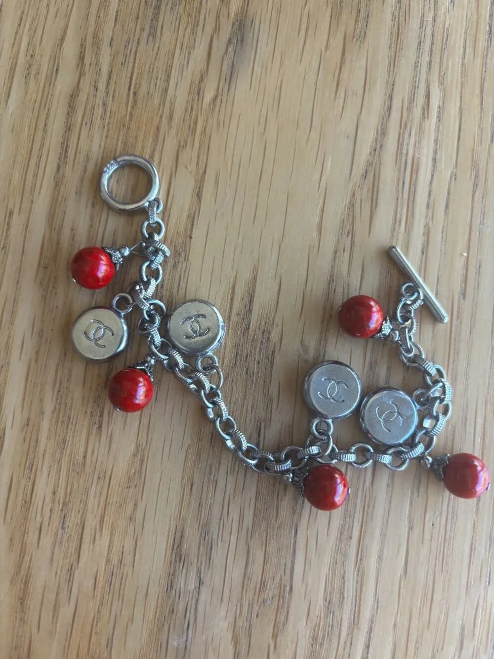Sterling Silver CC Charm Bracelet w/ Red Beads | Italy 925 Toggle - Picture 2 of 4